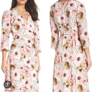 Charles Henry Pink Floral Long Sleeve Wrap Dress Size Medium